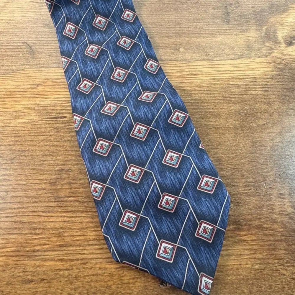 Vintage L'Atelier Slate Blue Geometric Diamond Silk Blend Necktie